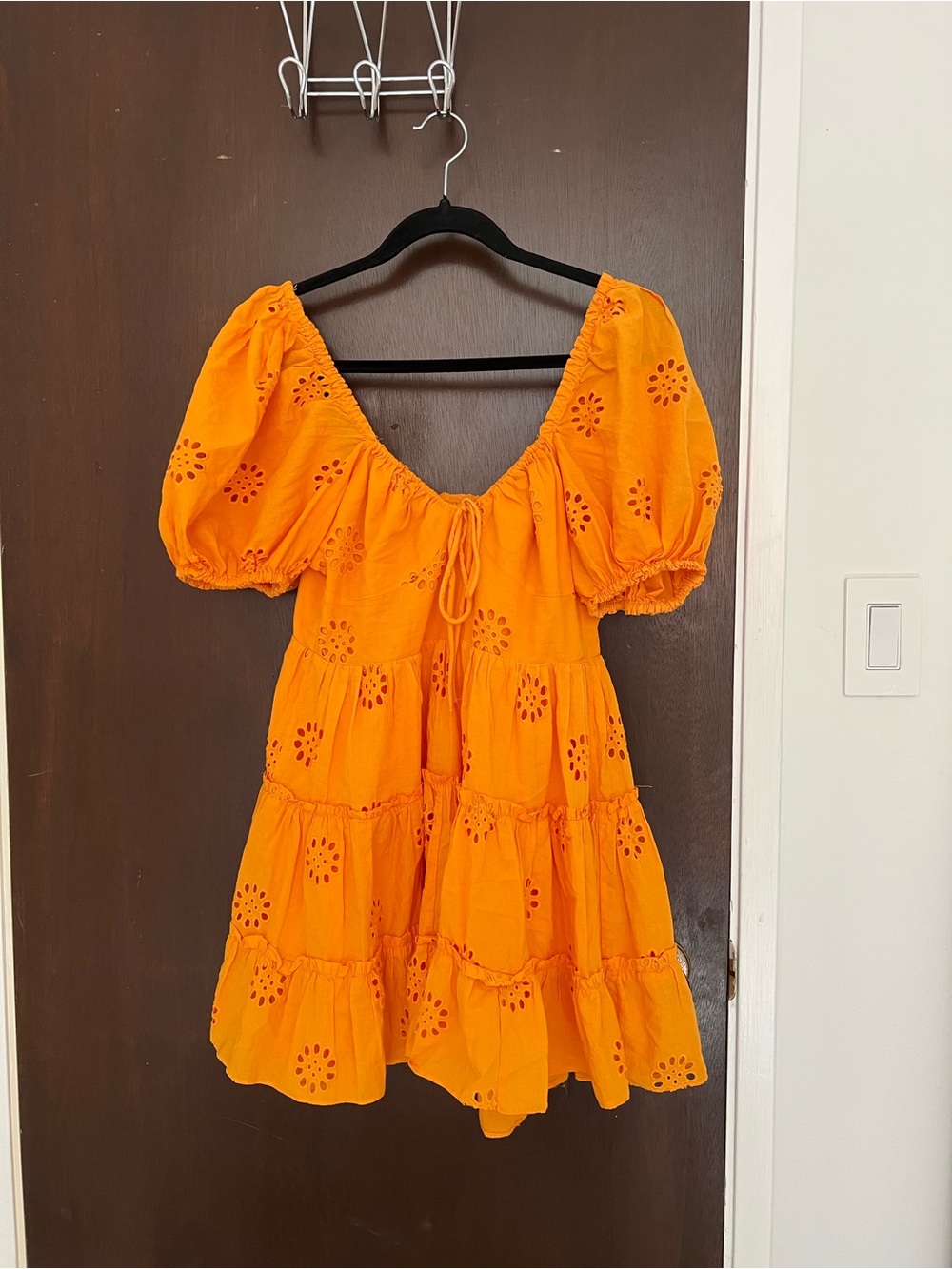 Zara Orange Eyelet Puff-Sleeve Mini Dress